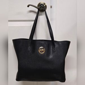 Michael Kors Black Faux Leather Tote with Gold MK Medallion